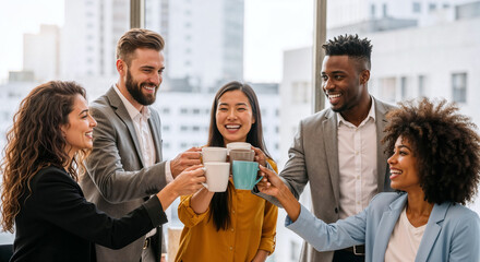 Motivated diverse business team raising coffee mugs and toasting in modern office, celebrating success