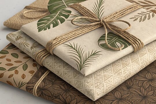 Stack of beautifully wrapped gifts with tropical leaf patterns and twine