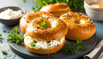 bagel with cream cheese and herbs on a plate
