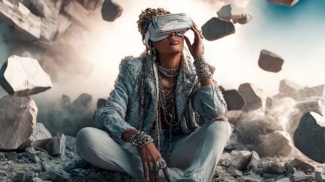 Destruction and technology: Woman in VR glasses turns her head as destruction occurs around her. Footage for a video about virtual reality, chaos, the digital world. Metaverse, games, the future.