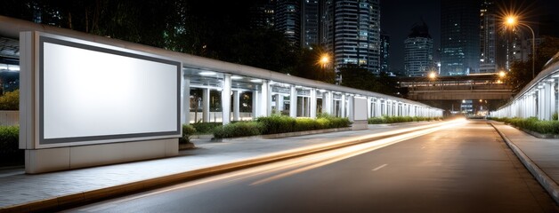 Modern urban bus stop illuminated at night with a clear advertisement board on a bustling city street