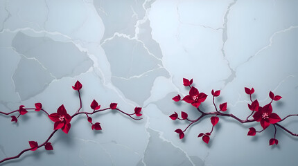 Modern Flat Design Marble Texture with Ruby Red Vines - Dramatic Lighting High Contrast Background - Geometric Shapes Abstract Illustration
