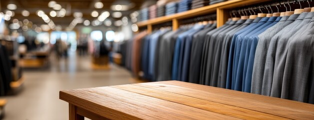 Clothing store interior showcasing neatly arranged suits and blazers along with a wooden display table in a vibrant shopping environment