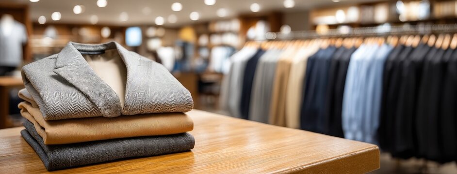 Stylish suits and shirts displayed neatly in a modern clothing store showcasing a range of colors and designs for men in a warm atmosphere - Powered by Adobe