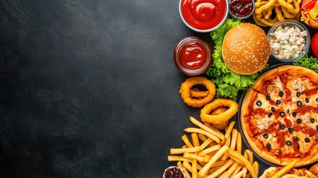 Fast food flat lay with burger pizza fries onion rings - Powered by Adobe