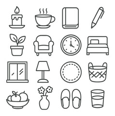 Minimalist line icons: household essentials and everyday items collection