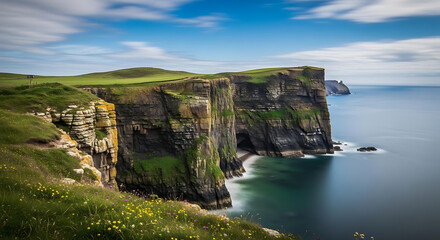 A scenic view of cliffs of moher in ireland with green grass and blue sky and the ocean on a sunny day ai generated
