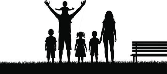 Black Silhouette of Happy Family Standing Outdoors, Father Carrying Baby on Shoulders, Mother Holding Child's Hand, Park Bench Nearby