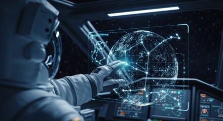 Astronaut Engaging Futuristic Holographic Global Network Data Display in Advanced Spacecraft Cockpit