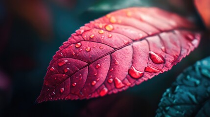 Macro abstract red striped foliage texture, close-up detail of leaf with natural pattern, deep autumn colors background from nature