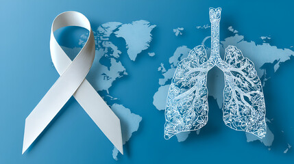  a white awareness ribbon on the left and a detailed illustration of a human lung on the right, both set against a blue background with a subtle, light blue world map overlay