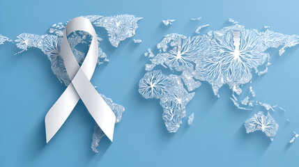  a white awareness ribbon on the left and a detailed illustration of a human lung on the right, both set against a blue background with a subtle, light blue world map overlay