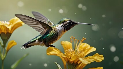 Fototapeta premium Colorful Hummingbird in Flight Drinking Nectar from Yellow Flower Close Up