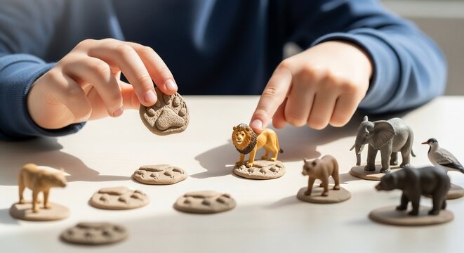 Child playing an educational game matching animal figurines to their footprints in clay.