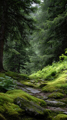Fototapeta premium Lush green forest path with moss covered rocks and tall trees