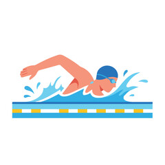 A swimmer is swimming in a pool, wearing a cap and goggles.