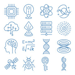 Blue tech symbol set: computing, science, and innovation icons