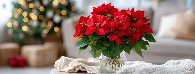 Bright red poinsettia flowers in a glass vase on a table with a cozy living room and Christmas decorations in the background