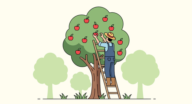 Harvesting Apples From The Tree With Green Leaves On The Sunny Day