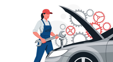 Female Mechanic Repairing Modern Car With Wrench And Mechanical Gears Illustration