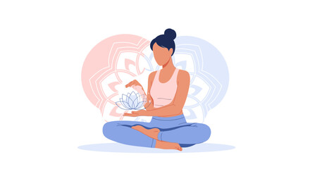 Obraz premium Female Meditating With Lotus Flower in Yoga Pose, Representing Peace And Serenity