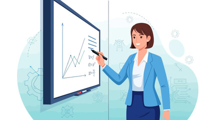 Female Presenting Data Analysis And Financial Growth On A Digital Whiteboard For Education