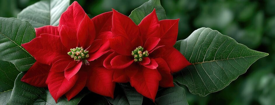 Bright red poinsettia flowers bloom against a lush green background during late autumn, showcasing seasonal beauty and vibrant colors