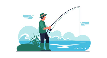 Fisherman Casting Fishing Rod at Lakeside with Green Hat in Calm Waters Vector Illustration