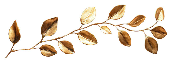 Golden branch with metallic leaves, isolated on transparent cutout background