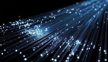Glowing blue fiber optic cables representing high-speed digital data transmission and global network communication
