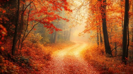 Banner serene forest pathway covered in colorful autumn leaves, ideal for nature, travel, and inspirational photography, highlighting peacefulness and tranquility