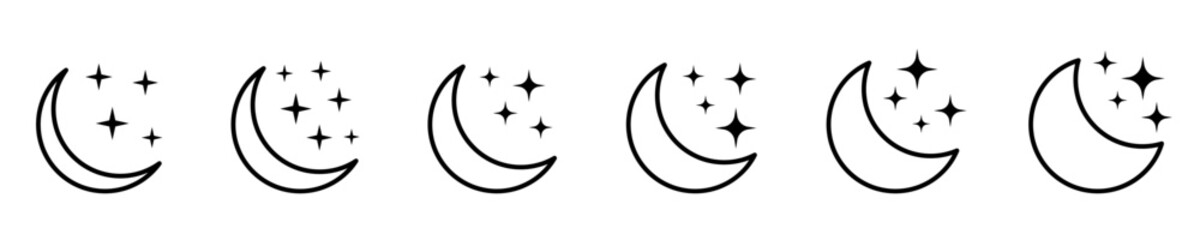 Set of outlined crescent moon icon Collection with sparkle stars moon icons. Half moon with stars. Night or dark mode symbol.