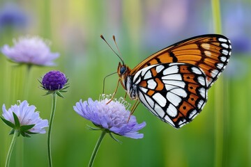 Vibrant butterfly perched gracefully on lavender blooms in a sunlit meadow