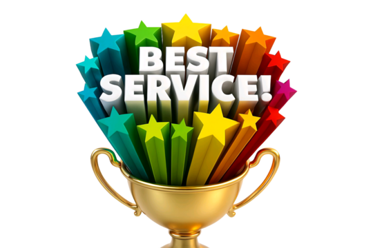 Golden trophy filled with colorful stars and the words best service isolated on transparent background