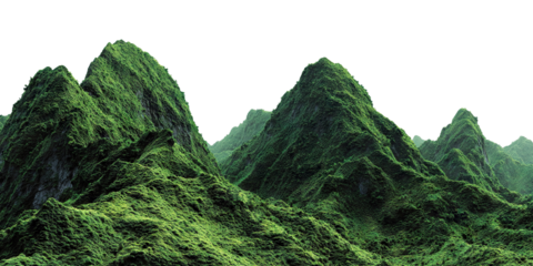 Tropical green mountain landscape with steep cliffs, isolated on transparent cutout background