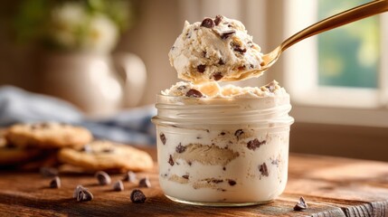 Spoonful of chocolate chip cookie dough in glass jar