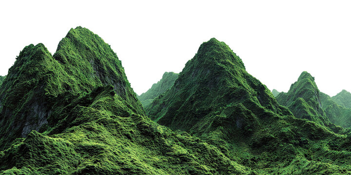 Tropical green mountain landscape with steep cliffs, isolated on transparent cutout background