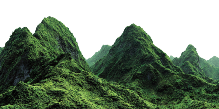 Tropical green mountain landscape with steep cliffs, isolated on transparent cutout background