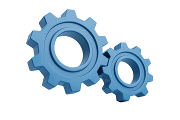 Two interlocking blue gears representing teamwork and mechanical engineering isolated on transparent background