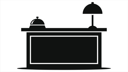 Minimalist Black Silhouette Hotel Reception Desk Icon with Service Bell and Desk Lamp - Vector Hospitality Symbol for Front Desk, Booking, and Guest Services