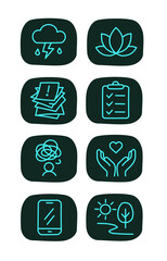 Mental Health &ndash; Paired Icons (Dark Mode): Stress&harr;Relaxation, Overwhelmed&harr;Organized, Overthinking&harr;Support, Screen Time&harr;Offline