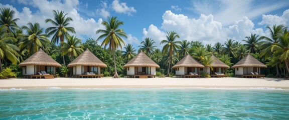 Obraz premium A Tropical Paradise with Bungalows on a Beach
