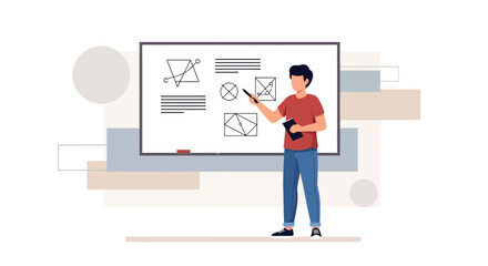 Instructor Explaining Geometrical Diagrams On A Whiteboard In A Modern Education Setting