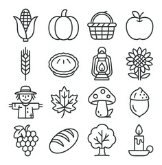 Autumn harvest icons: corn, pumpkin, basket, apple, wheat, pie, lantern, sunflower