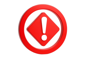 Red warning symbol with an exclamation mark inside a diamond and circle isolated on transparent background
