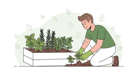 Gardener Inspects Herbs In A Raised Bed, Emphasizing Natural Growth And Cultivation