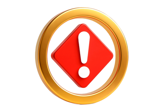 Golden oval frame surrounds a red diamond with a black exclamation mark isolated on transparent background