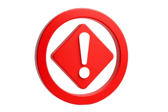 Red warning symbol with an exclamation mark inside a diamond and circle isolated on transparent background
