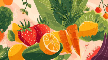 A beautiful and rustic vegan food banner with "Eaty Vegan Day" lettering and a vibrant pattern of illustrated organic fruits and vegetables