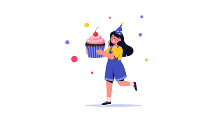 Joyful Celebration With Delicious Cupcake And Friendly Girl Celebrating Birthday Event